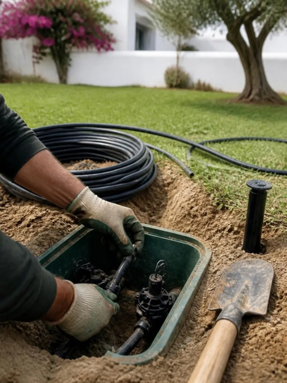 Instalación de riego automático en un jardín de Cádiz, con las electroválvulas en su arqueta