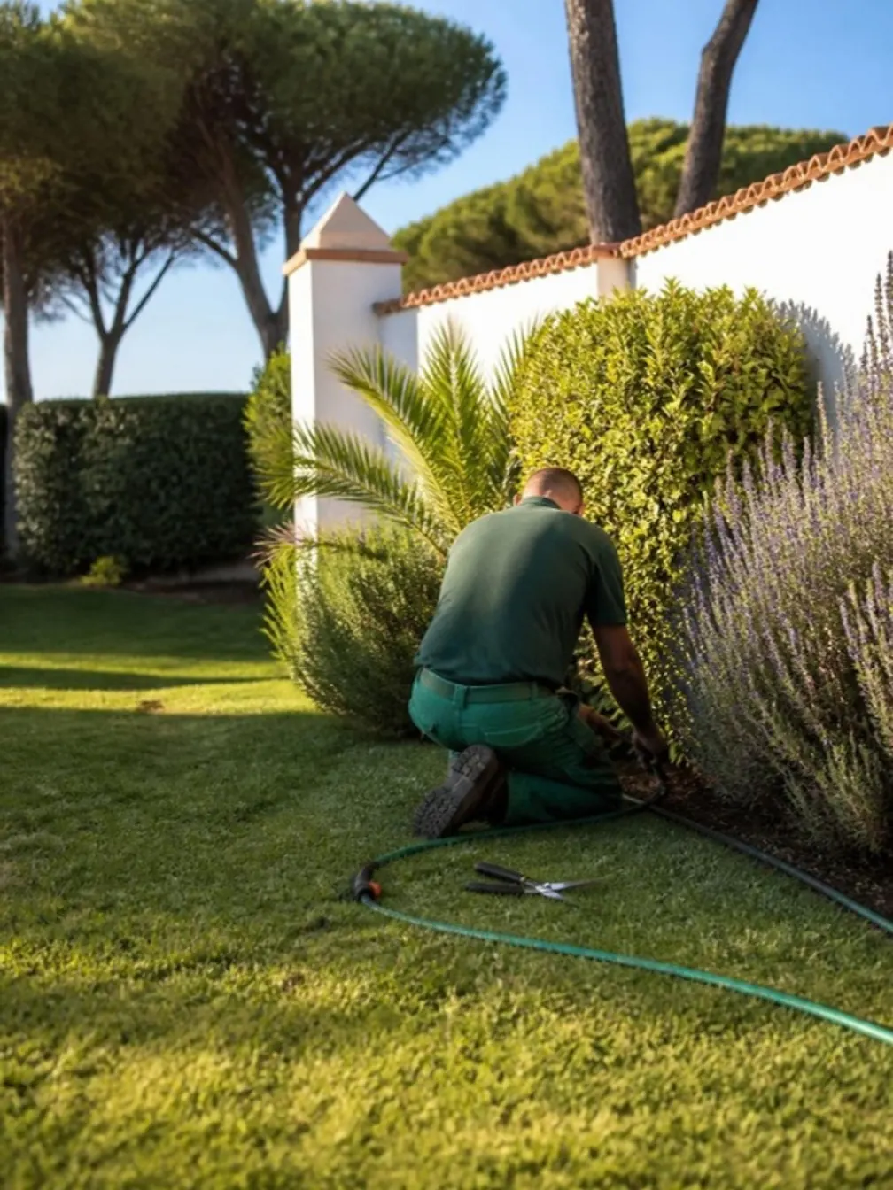 Jardinero revisando el riego por goteo durante el mantenimiento integral de un jardín en Cádiz